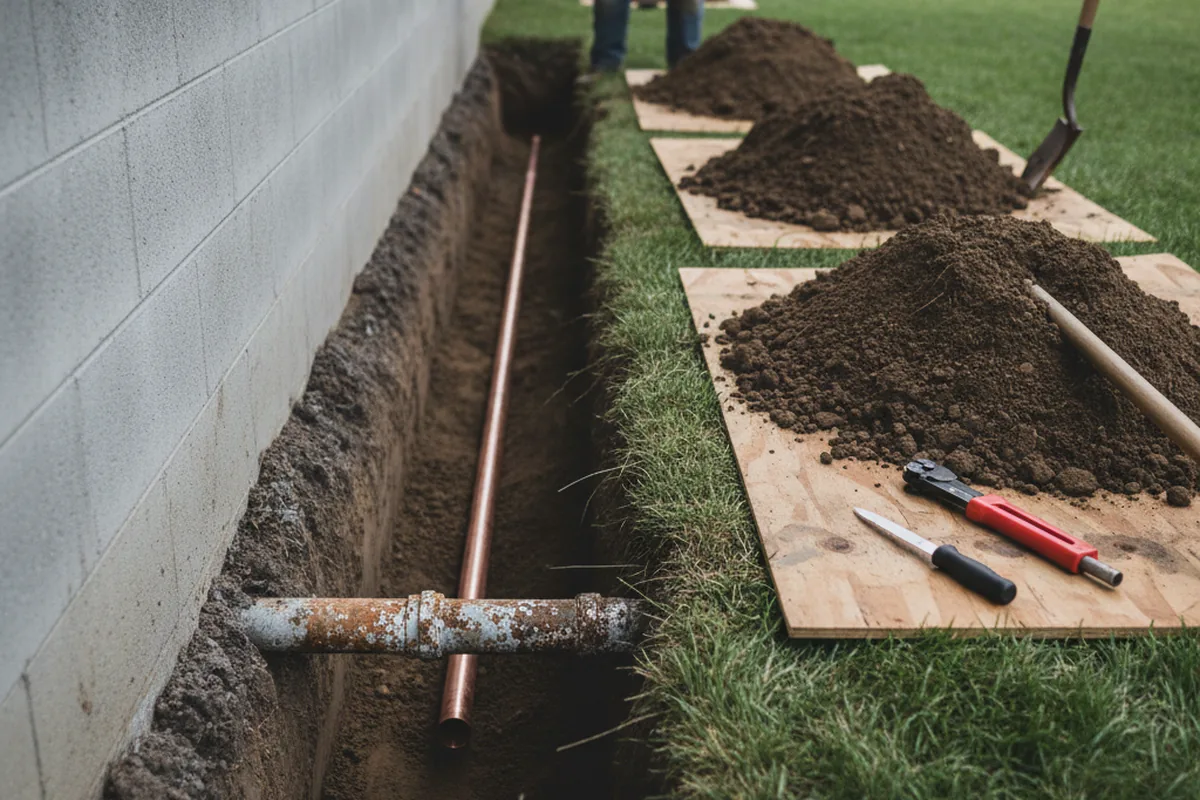Excavated water line trench during Sewer Line Repair in Amlin